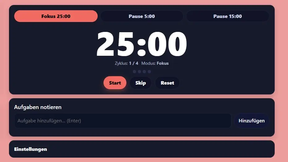 Pomodoro Timer online Web von pomodoroonline.de